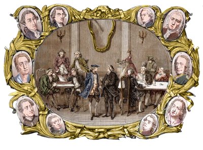 Paris - Kafeen "" Procope"" på 1700-tallet fra høyre til venstre, i medaljongene, Georges Louis Leclerc, Comte de Buffon, Nicolas Joseph Florent Gilbert, Denis Diderot, Jean le Rond d
