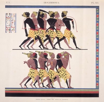 Tolkning av freskene på Ibsambul som viser nubiske slaver, fra "Monuments de l"Egypte et de la Nubie" av kunstneren, ca. 1835 av Jean Francois Champollion