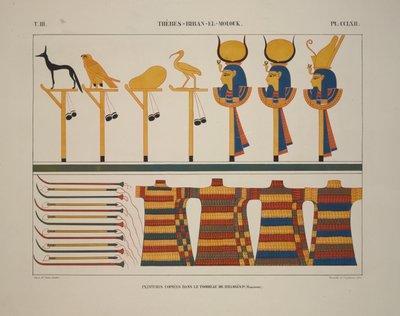 Våpen og tegn, Theben, Biban-el-Molouk, illustrasjon fra "Monuments of Egypt and Nubia, 1845 av Jean Francois Champollion