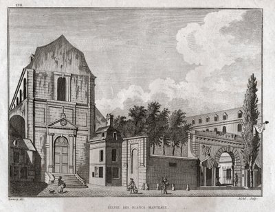 Church of Blancs Coats, Paris. (gravering, ca 1780) av Jean Francois Garneray