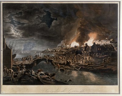 Granville i flammer beleiret av Vendéans, basert på maleri av J. François Hue, ca. 1800. av Jean Francois Hue