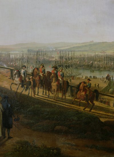 Napoleon Bonaparte (1769-1821) Besøker leiren i Boulogne i juli 1804, detalj av Napoleon og flottiljen, 1806 av Jean Francois Hue