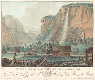 Staubbach Falls, i Lauterbrunnen Valley Falls ved Staubbach ..., sannsynligvis 1776. av Jean Francois Janinet