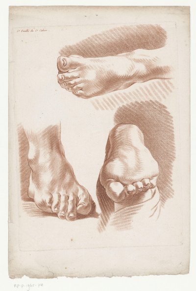 Tre fot i forskjellige posisjoner 5.e Feuille du 5.e Cahier. (tittel på objekt) Komposisjoner med deler av menneskekroppen (serietittel) Cinquième Cahier de Principes de Dessein (serietittel) av Jean Francois Janinet
