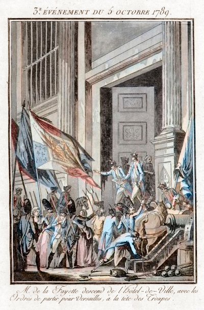 Den franske revolusjonen - La Fayette forlater rådhuset i Paris for å dra til Versailles 5. oktober av Jean Francois Janinet