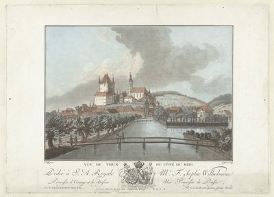 Utsikt på Thun Utsikt over Thun fra sørsiden (tittel på objekt) Bemerkelsesverdig utsikt over fjellene i Sveits (serietittel) av Jean Francois Janinet