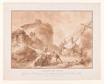 Landskap med ruiner og et skip nær Genova Environs de Genes (tittel på objekt) av Jean Francois Janinet