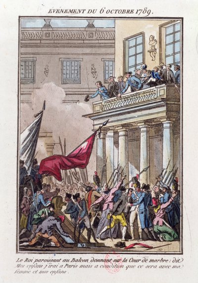 Louis XVI dukket opp på balkongen i Versailles 6. oktober 1789 for å fortelle den parisiske mobben at han vil dra til Paris på betingelse av at hans kone og familie reiser med ham av Jean Francois Janinet