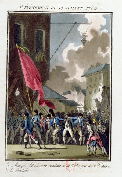 Marquis Bernard Rene Jordan de Launay (1740-89) guvernør i Bastillen dirigert til Hotel de Ville 14. juli 1789 av Jean Francois Janinet