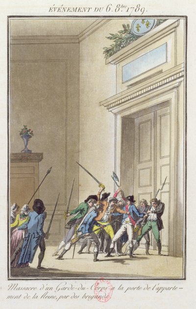 Mob av parisere som angriper og dreper vakten ved inngangen til dronningens leiligheter i Versailles 6. oktober 1789 av Jean Francois Janinet