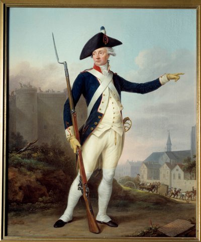 Fransk revolusjon: "" Portrett i full lengde av borger Nau Deville i nasjonalgardeuniform (i bakgrunnen riving av Bastillen) av Jean Francois Marie Bellier