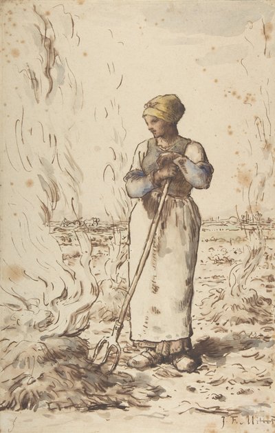 En kvinne brenner ugress, 1830-75 av Jean Francois Millet
