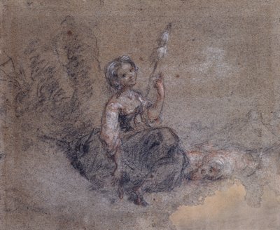 En ung gjeterinne som spinner (rødt og hvitt kritt og kull på papir) av Jean Francois Millet