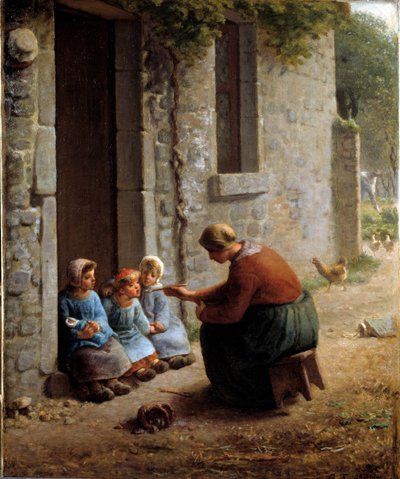 La becquee eller bonde som mater barna hennes. Maleri av Jean Francois Millet (1814-1875) av Jean Francois Millet