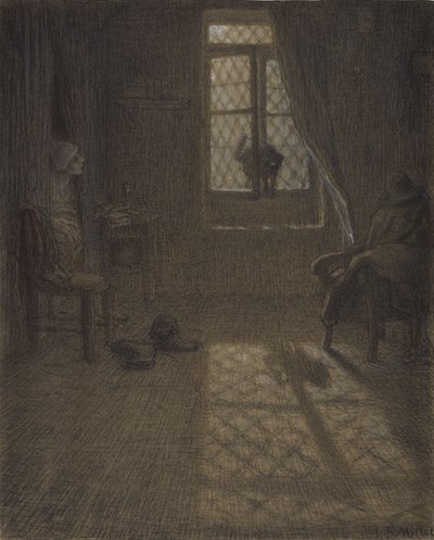 Le chat eller The Cat at the Window, 1857-58 (conté fargestift og pastell med stumping og blanding, festet på vevd papir) av Jean Francois Millet