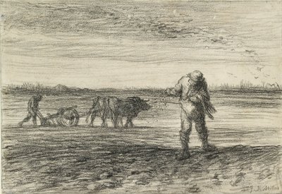 Mann som pløyer og en annen såing, 1849-1852 av Jean Francois Millet