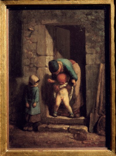 Mors forholdsregler. En mor får sønnen til å tisse foran en dør. Maleri av Jean Francois Millet (1814-1875) av Jean Francois Millet
