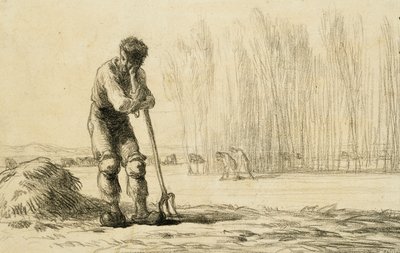 Bonde lener seg på en høygaffel, av Jean Francois Millet