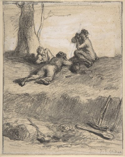 Veiarbeidere ved lunsj, ca. 1850-52 (conte fargestift med gouache, på lagt papir) av Jean Francois Millet