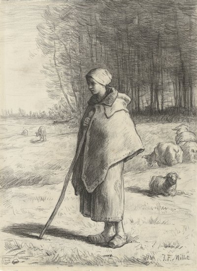 Gjeterinne lener seg på en pinne av Jean Francois Millet