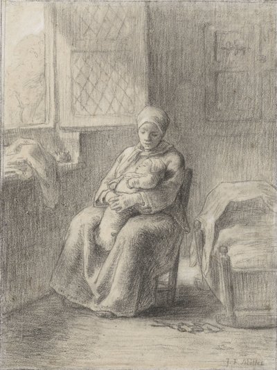 Sittende kvinne med en baby ved et vindu, ca. 1824-75 (kritt på papir) av Jean Francois Millet