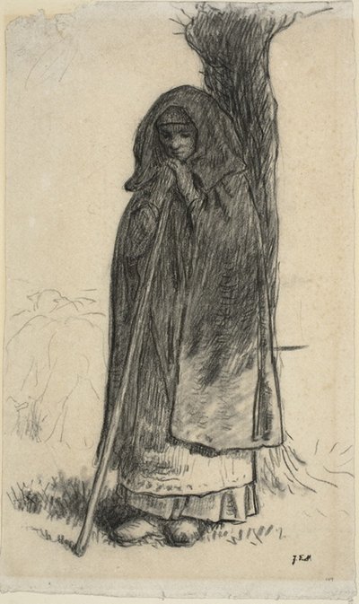 Gjeterinne lener seg mot et tre av Jean Francois Millet