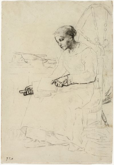 The Wool Carder (recto); Fragmentær skisse av mannen som står ved gjerdet (verso) av Jean Francois Millet