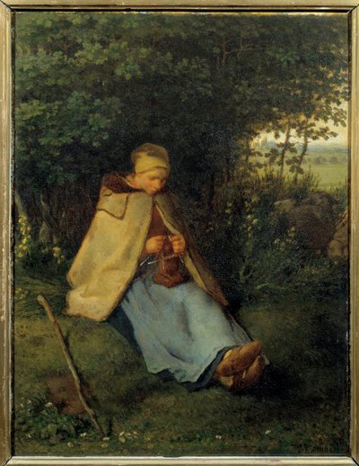 Strikkeren Maleri av Jean Francois Millet (1814-1875) 1858 Søn. 0,39x0,29 m Paris, musee d