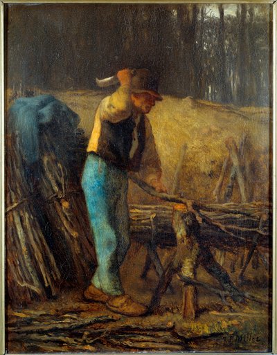 Vedkløyveren En tømmermann med en machete skjærer grener av et tre i bunter. Maleri av Jean Francois Millet (1814-1875) 1800-tallets søn. 0,38x0,29 m av Jean Francois Millet