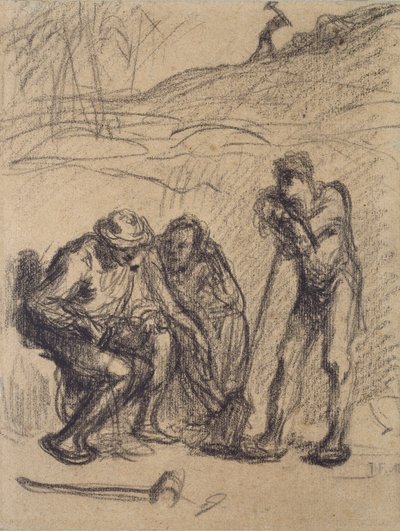 Tre bønder hviler, en lener seg på en spade, c1850-1851 av Jean Francois Millet
