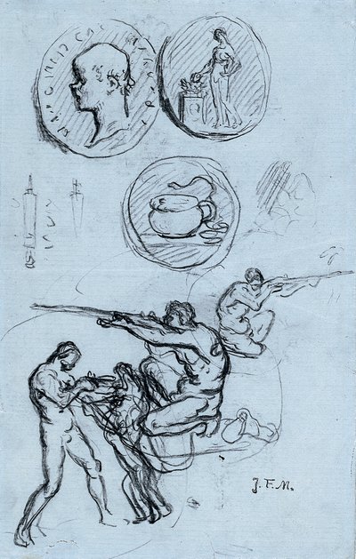 Tre studier for antikke mynter, jegere og en mann med en løve av Jean Francois Millet