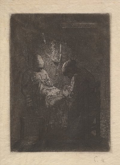 Two Women Sewing by Lamplight, ca. 1853. av Jean Francois Millet