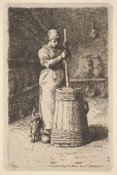 Kvinne som kjerner smør, 1855-56. av Jean Francois Millet