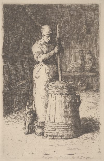 Kvinne som kjerner smør, ca. 1855-56 (etsing) av Jean Francois Millet