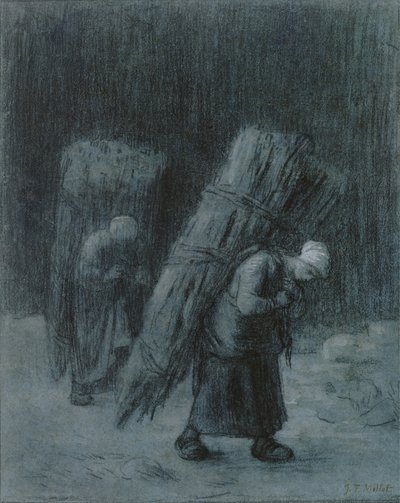 Kvinner som bærer kvister, ca. 1858 (kull forsterket med hvit gouache, kullkant, på tungt lagt gråblått papir) av Jean Francois Millet
