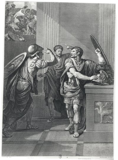 Arcan og Mithridate, illustrasjon fra 'Mithridate' av Jean Racine (1639-99) gravert av Massard av Jean François Pierre Peyron