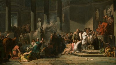 Athenske jenter som trekker lodd for å bestemme hvilke syv av dem som skal sendes til Kreta for å ofre til Minotauren (olje på lerret) av Jean François Pierre Peyron