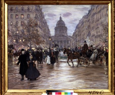 ""Boulevard Saint Michel"" Utsikt over Rue Soufflot og Pantheon fra Luxembourghagen og Boulevard Saint-Michel i Paris, drosjer og elegante par liver opp gaten om kvelden. Maleri av Jean Francois Raffaelli (18 av Jean Francois Raffaelli