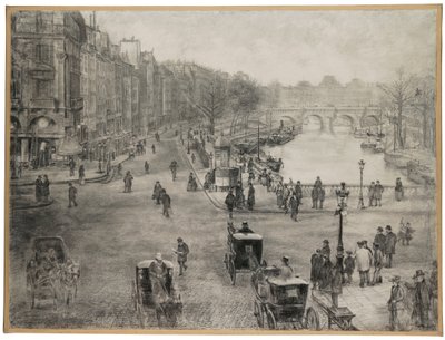 Paris, Place de Saint Michel med Quai des Grands Augustins og Pont Saint Michel i forgrunnen og Pont Neuf og Louvre i bakgrunnen, ca. 1900 av Jean Francois Raffaelli