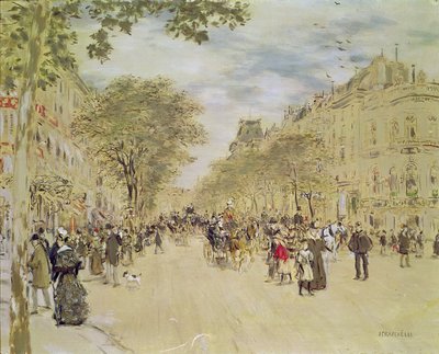 Pavillon de Hanovre og Boulevard des Italiens, Paris, etter 1870 (gouache og wc på papir) av Jean Francois Raffaelli