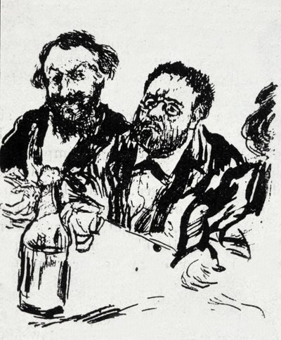 Maleren Edouard Manet (1832-1883) og forfatteren Emile Zola (1840-1902) ved bordet Karikatur av Jean Francois Raffaelli (1850-1924) av Jean Francois Raffaelli