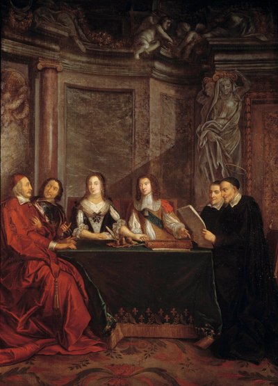 Samvittighetsrådet: Saint Vincent de Paul, leder av samvittighetsrådet som leser foran kardinal Jules Mazarin (Giulio Raimondo Mazzarino eller Mazarino) (1602-1661), Pierre Seguier (1588-1672), dronning Anne av Østerrike (1601-1666) ) og Ludvig XIV (1638 av Jean François de Troy