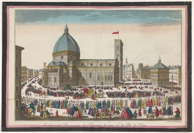 Utsikt over Duomo i Firenze med prosesjon på Corpus Christi La grande procession de Florence, le jour de la fête de Dieu (tittel på objekt) av Jean François Daumont