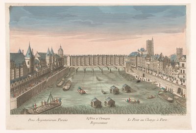 Utsikt over den bebygde Pont au Change over elven Seinen i Paris 84e. Vue d'optique-representant le Pont au Change i Paris (tittel på objekt) av Jean François Daumont