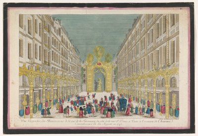 Utsikt over utsmykningen av Rue de la Feronnerie i Paris i anledning restaureringen av Louis XV, kongen av Frankrike, i 1745 Vue perspective des illuminations de la Ruë de la Feronnerie du côté de la Ruë St. Denis a Paris (...) (tittel på o av Jean François Daumont