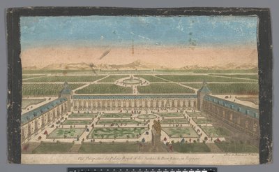Utsikt over hagen og Palacio del Buen Retiro i Madrid Vüe ​​​​perspective du Palais Royal et des Jardins du Buen Retiro, en Espagne (tittel på objekt) av Jean François Daumont