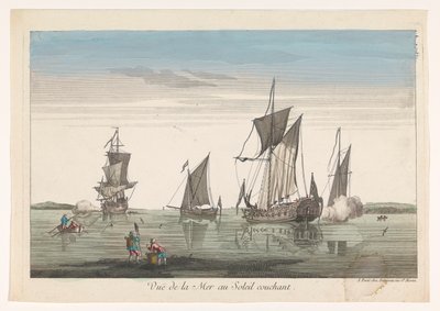 Havlandskap med skip og båter ved solnedgang Vue de la mer au soleil couchant (tittel på objekt) av Jean François Daumont