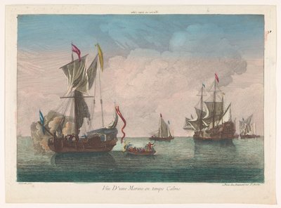 Zeegezicht met schepen en boten op een kalme zee Marine en temps calme (title on object)   1369050   no       norwegian Successfully Translated  Original: Illustration for Robinson Crusoe by Daniel Defoe (colour litho) Translat: Illustration for Robinson C av Jean François Daumont