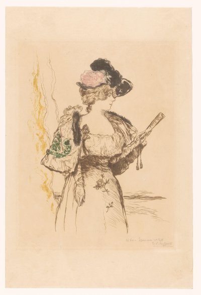 Dame med fan L'Actress og scene av Jean François Raffaëlli (signed by artist)