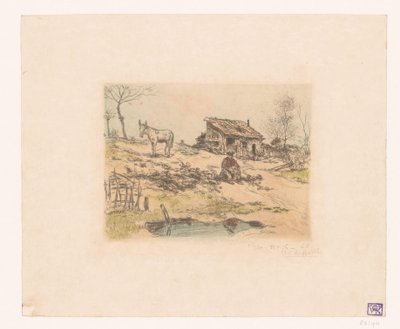 Landskap med mann og esel ved hytta La cabane du chiffonnier av Jean François Raffaëlli (signed by artist)